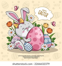 Happy Easter With Bunny Rabbit Holding Eggs On Yellow Background. Cute Cartoon Illustration