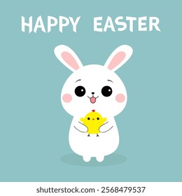 Happy Easter. Bunny rabbit holding chicken bird. Baby chick friends. Farm animal. Cute cartoon kawaii funny character. Childish style. Flat design. Blue background. Vector illustration