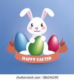 Happy Easter. Easter Bunny / Happy Rabbit holds an egg - Greeting Card and Poster Template with Blue and White Background and Emotional Expression. Vector Element Graphic Illustration Design.