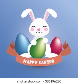 Happy Easter. Easter Bunny / Happy Rabbit holds an egg - Greeting Card and Poster Template with Blue and White Background and Emotional Expression. Vector Element Graphic Illustration Design.