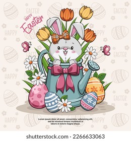 Feliz Pascua Con Conejo De Conejo De Conejo, Aguas De Pota, Huevos Y Tulipanes. Ilustración de dibujos animados simples