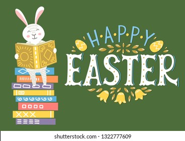 Happy Easter. Easter bunny reading book on stack with lettering. Cute  greeting illustration for children libraries, bookstores, schools etc.