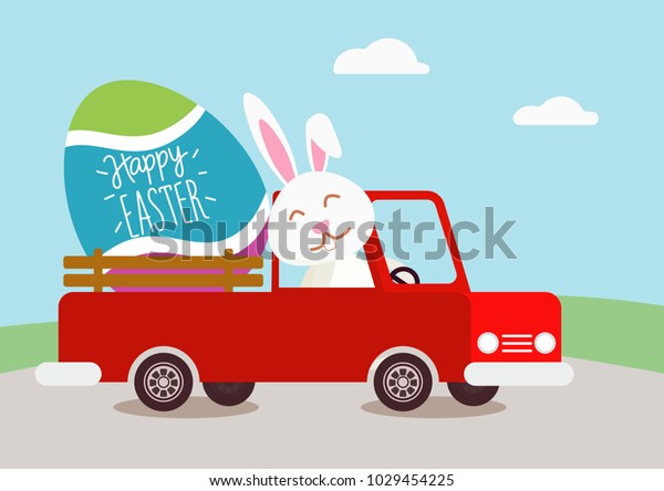Happy Easter Bunny in red car. Vector illustration\
for Easter greeting card