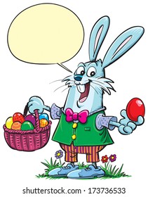Happy Easter Bunny with red egg and basket.