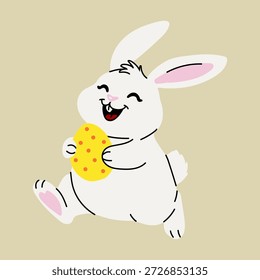 Happy Easter Bunny Running with Yellow Egg