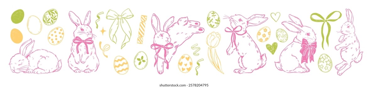 Happy Easter bunny set, vector doodle rabbit illustration, cute hand drawn jumping hare, ribbon bow. Spring holiday painting eggs, seasonal celebration decor print, funny animal. Easter rabbit clipart