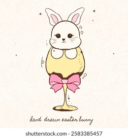 Happy Easter bunny set, vector doodle rabbit illustration, cute hand drawn, ribbon bow. Spring holiday painting eggs, seasonal celebration decor print, animal. Easter rabbit clipart, bunny in glass