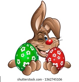 Happy easter Bunny showing two easter eggs