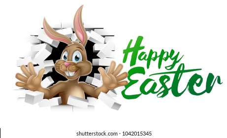 Happy Easter bunny sign with rabbit cartoon character breaking through the background brick wall and waving