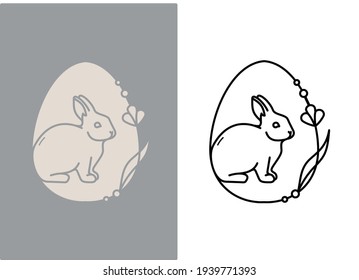 Happy Easter bunny in spring flower egg shape frame, vector icon in flat and outline on white and gray background