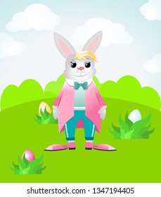 A happy Easter bunny is standing on a green field and smiling. Vector illustration for easter cards and greetings. Rabbit dressed in a jacket  and pants.