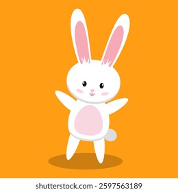 Happy Easter bunny standing with open arms on an orange background. Cute and cheerful character, perfect for Easter themed illustrations, greeting cards, kids designs, and festive decorations.