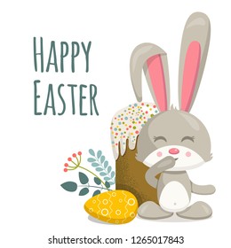 Happy easter bunny vector character on white background. Festive attributes of eggs and cake. Flat illustration in cartoon style.