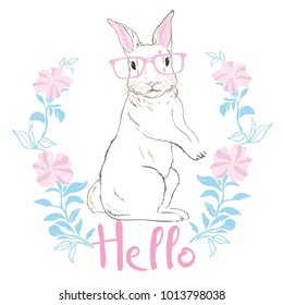 Happy Easter Bunny. Vector illustration for Easter greeting card, invitation with white cute rabbit on sky blue background.