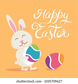 Happy Easter Bunny. Vector illustration for Easter greeting card, invitation with white cute rabbit on yellow background.