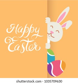 Happy Easter Bunny. Vector illustration for Easter greeting card, invitation with white cute rabbit on yellow background.