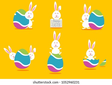 Happy Easter Bunny. Vector illustration for Easter greeting card, invitation with white cute rabbit on yellow background.