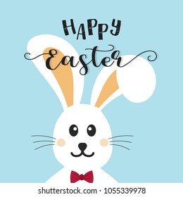 Happy Easter Bunny. Vector illustration for Easter greeting card, invitation with white cute rabbit on blue background.