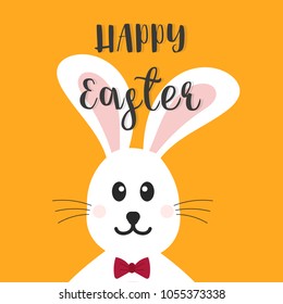 Happy Easter Bunny. Vector illustration for Easter greeting card, invitation with white cute rabbit on orange background.