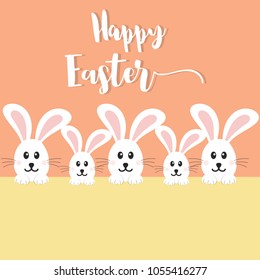 Happy Easter Bunny. Vector illustration for Easter greeting card, invitation with white cute rabbit on orange background.