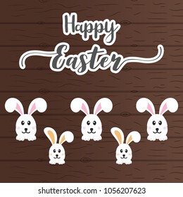 Happy Easter Bunny. Vector illustration for Easter greeting card, invitation with white cute rabbit on wood background.
