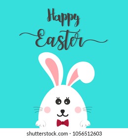 Happy Easter Bunny. Vector illustration for Easter greeting card, invitation with white cute rabbit on blue background.