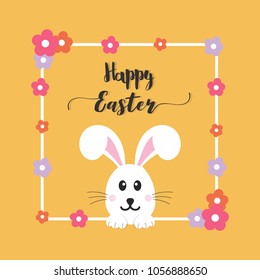 Happy Easter Bunny. Vector illustration for Easter greeting card, invitation with white cute rabbit on orange background.