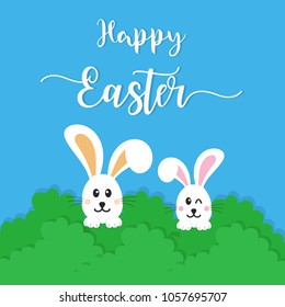 Happy Easter Bunny. Vector illustration for Easter greeting card, invitation with white cute rabbit on blue background.