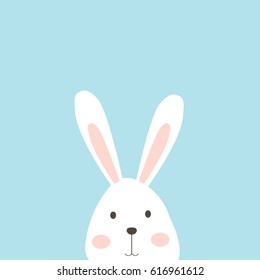 Happy Easter Bunny. Vector illustration for Easter greeting card, invitation with white cute rabbit on sky blue background.