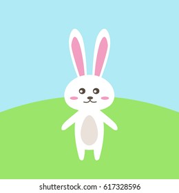 Happy Easter Bunny. Vector illustration for Easter greeting card, invitation with white cute rabbit on sky blue background.