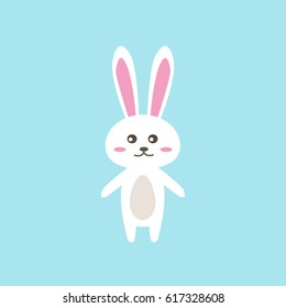 Happy Easter Bunny. Vector illustration for Easter greeting card, invitation with white cute rabbit on sky blue background.