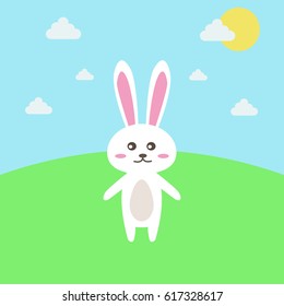 Happy Easter Bunny. Vector illustration for Easter greeting card, invitation with white cute rabbit on sky blue background.