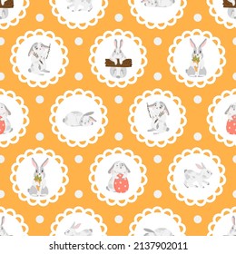 Happy Easter bunny vector seamless pattern. Spring background with rabbits or hares for textile, wallpaper or print design. Flat cartoon texture Illustration