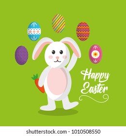 happy easter bunny waving hand and eggs colored decorated
