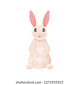 Happy Easter bunny white flat character cartoon. Large pink ear dark wool sitting empty paw book cartoon character hare rabbit wild cute funny animal holiday symbol kid book sticker print isolated