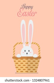 Happy Easter with Bunny in wicker basket. Easter greeting card vector illustration
