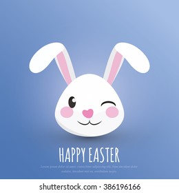 Happy Easter. Easter Bunny / Winking Rabbit Head - Greeting Card and Poster Template with White Background and Emotional Expression. Vector Element Graphic Illustration Design.
