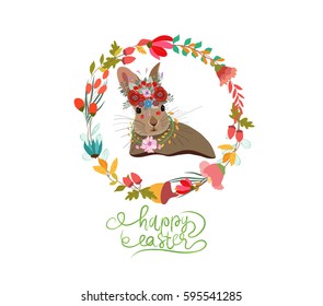 Happy easter with bunny wreaths greeting card