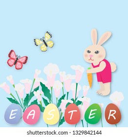 Happy Easter with bunny,lily,butterfly and egg,vector illustration paper art style.