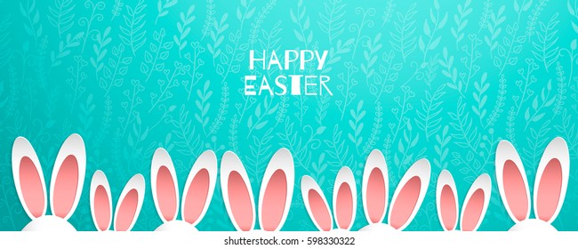 HAppy easter bunny/rabbit ears border. Cute bunny ears in row. Egg hunt brochure, flyer, design, poster, banner, voucher, web element. Branches on blue background.