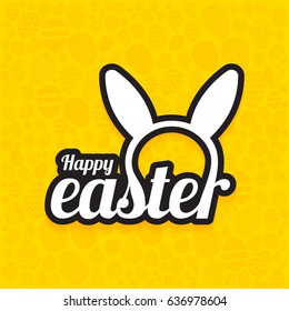 Happy Easter with bunny's head greeting card on egg pattern yellow background. Vector illustration