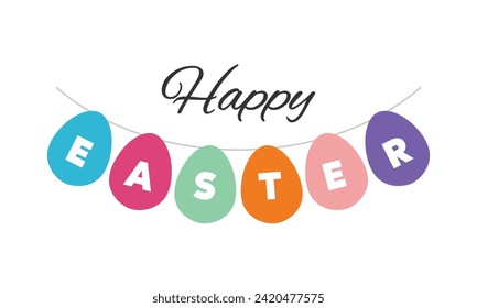 Happy easter bunting flag on white background. Eggs garland, pennant. Cute colorful cartoon design element for holiday party, event decoration. Vector illustration EPS.