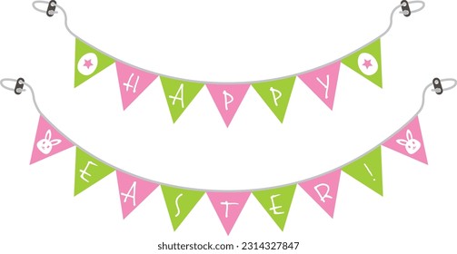 Happy Easter bunting in pink and green isolated on white background.