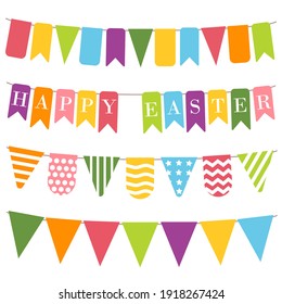 Feliz bunting de Pascua, fondo blanco. Banderas con inscripción Feliz Pascua. Elementos de Semana Santa, coloridos conjuntos para la decoración de vacaciones. Plantillas para la reserva de recortes. Ilustración del vector