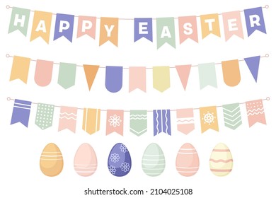 Happy easter bunting, white background. Bunting flags with inscription Happy easter. Easter elements for holiday decoration. Templates for scrapbooking. Pastel colors. Vector illustration