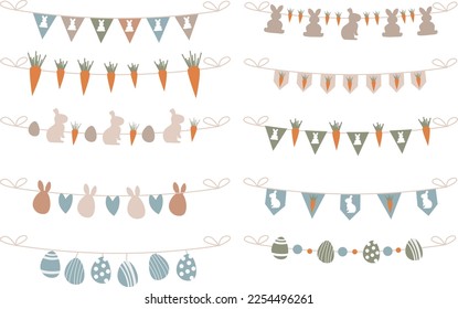 Happy easter bunting, white background. Bunting flags. Easter elements for holiday decoration. Templates for scrapbooking. Pastel colors. Vector illustration