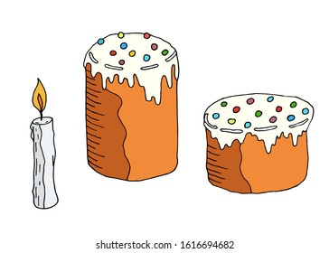Happy Easter cake and candle. Hand drawn doodle vector illustration. Orthodox Easter symbols