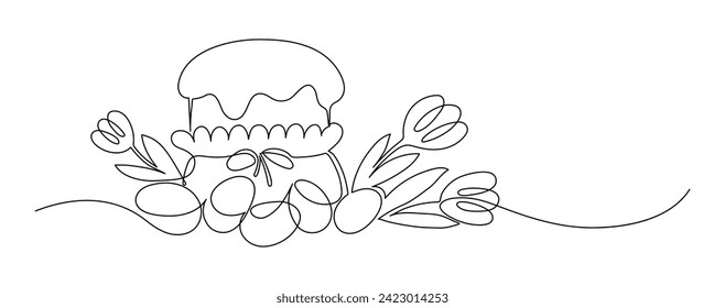 Happy Easter. Easter cake with Easter eggs and flowers. Continuous line drawing.