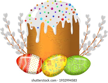 Happy Easter. Easter cake with glaze, colorful decor. Colorful decorated Easter eggs with different texture, pattern. Pussy-willow. Spring holiday. Vector illustration