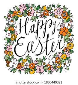 Happy Easter calligraphic black lettering inside beautiful floral frame, vector illustration isolated on white background